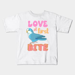 Love at first bite Blue Quaker Funny Birb merch Parrot Kawaii Kids T-Shirt